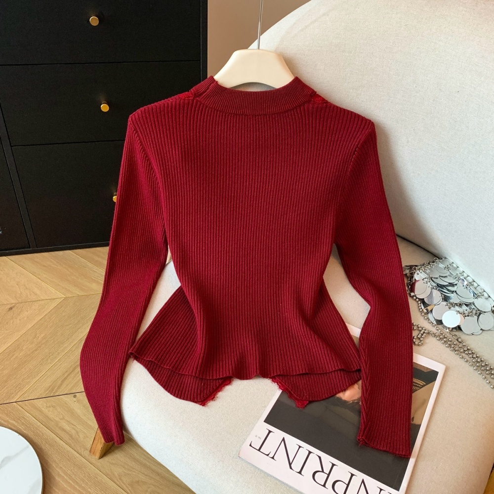 Pearl thick buckle lace halter knitted long sleeve tops