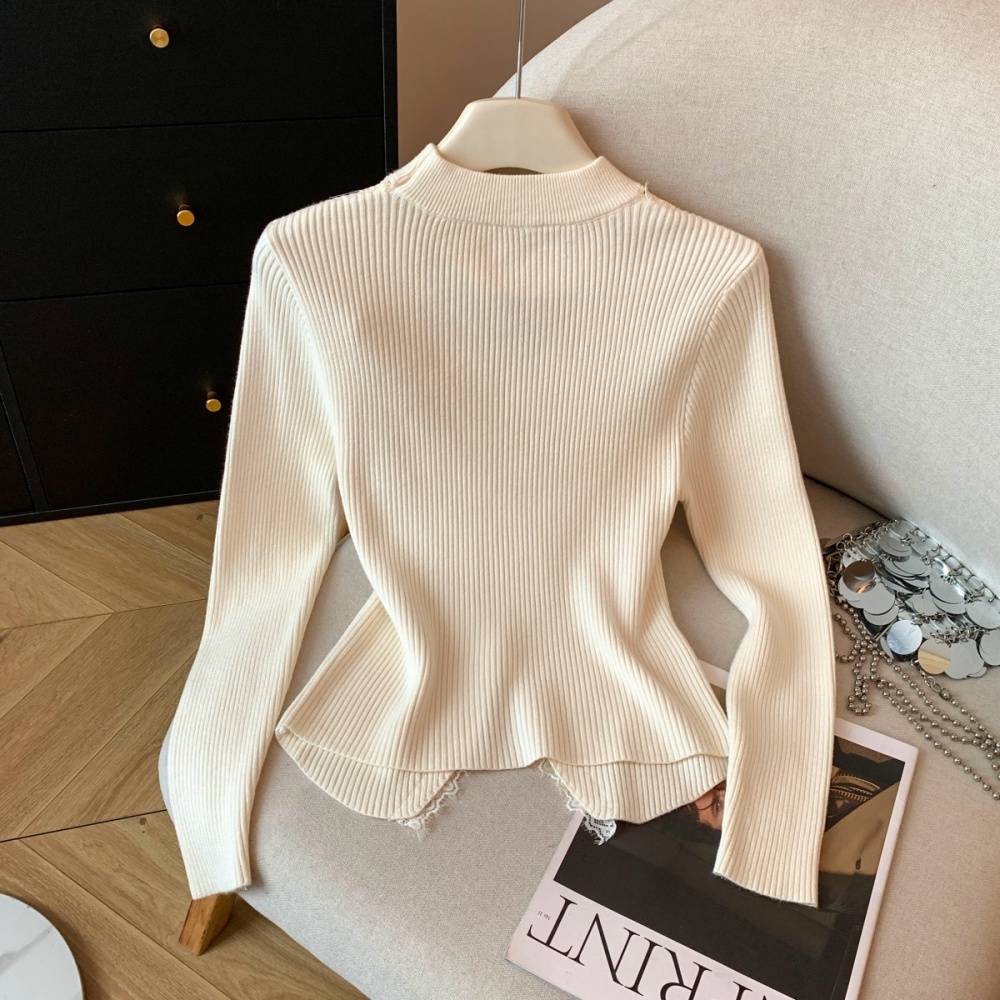 Pearl thick buckle lace halter knitted long sleeve tops