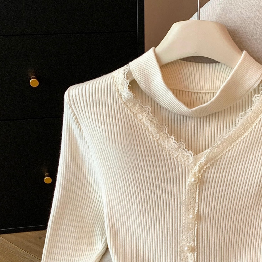 Pearl thick buckle lace halter knitted long sleeve tops