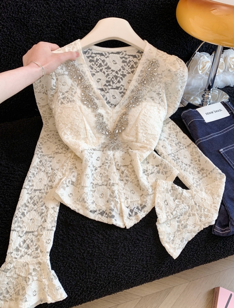 V-neck France style slim shirts enticement lace tops