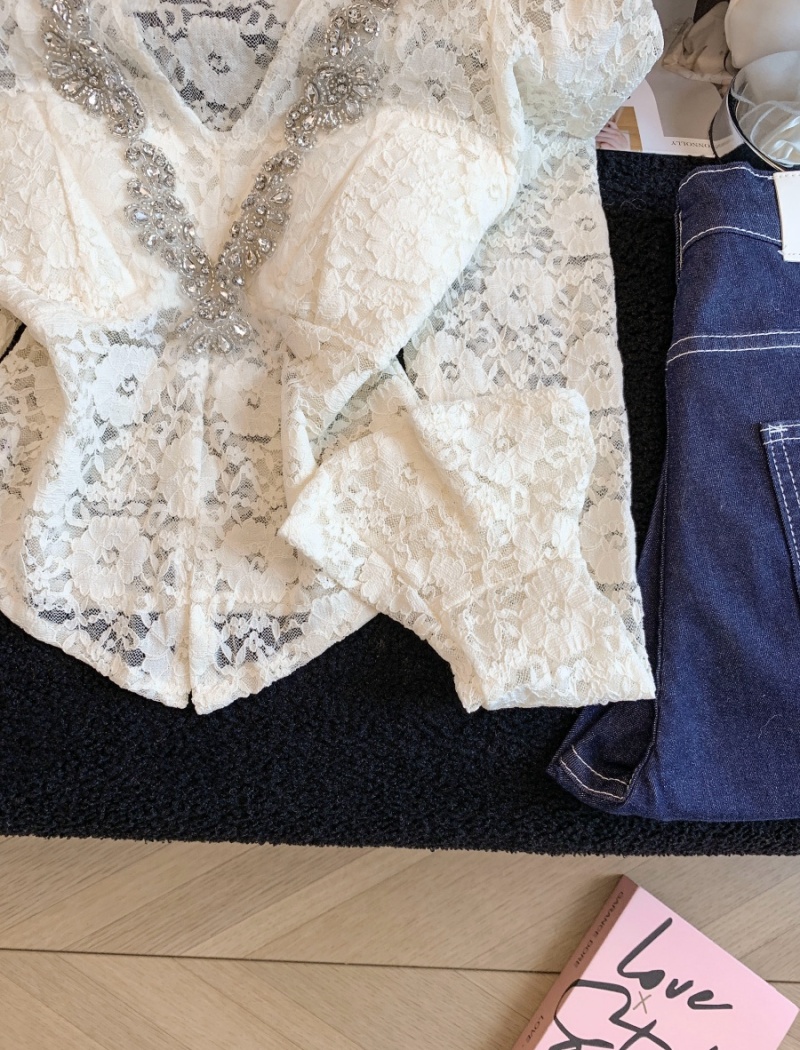 V-neck France style slim shirts enticement lace tops