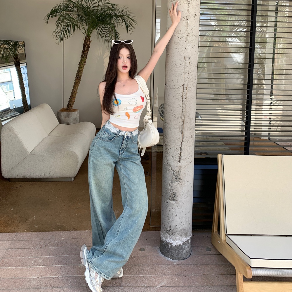 Small diamond jeans straight pants wide leg pants