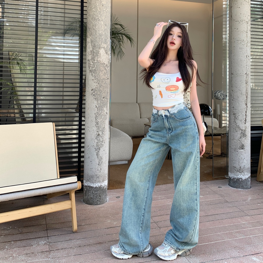 Small diamond jeans straight pants wide leg pants