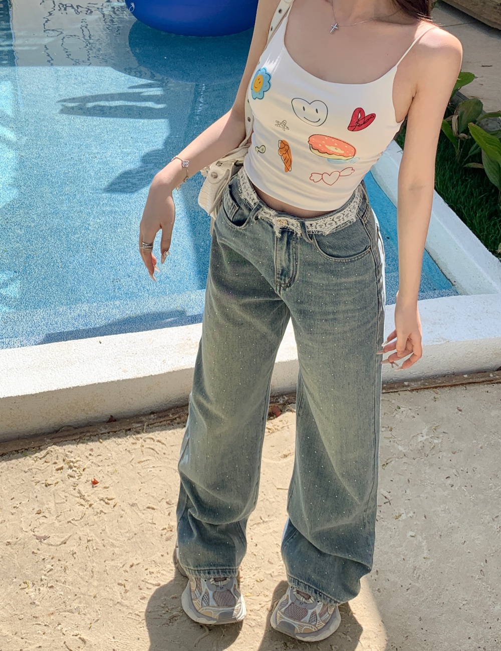 Small diamond jeans straight pants wide leg pants