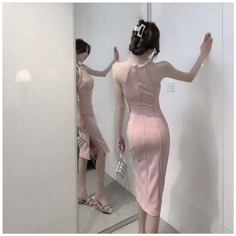 Split halter slim summer long package hip pearl dress