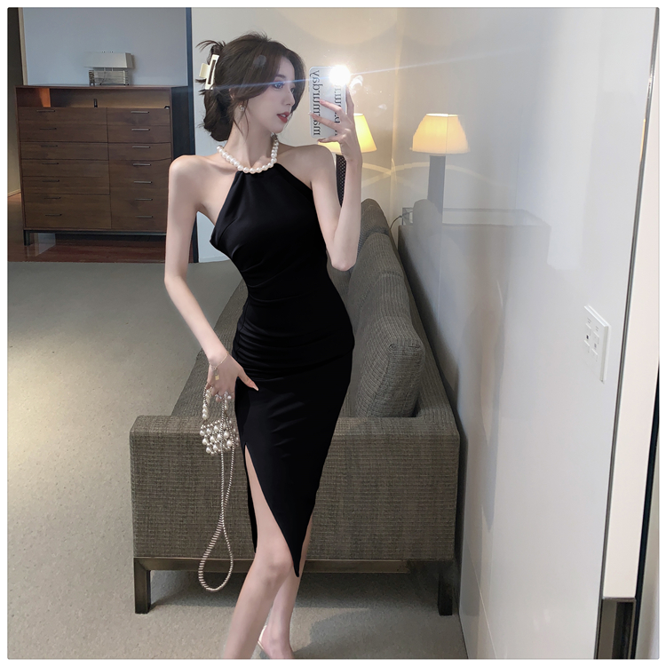 Split halter slim summer long package hip pearl dress