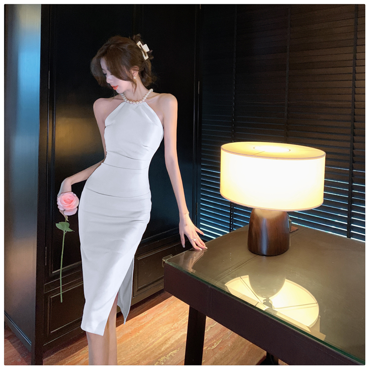 Split halter slim summer long package hip pearl dress