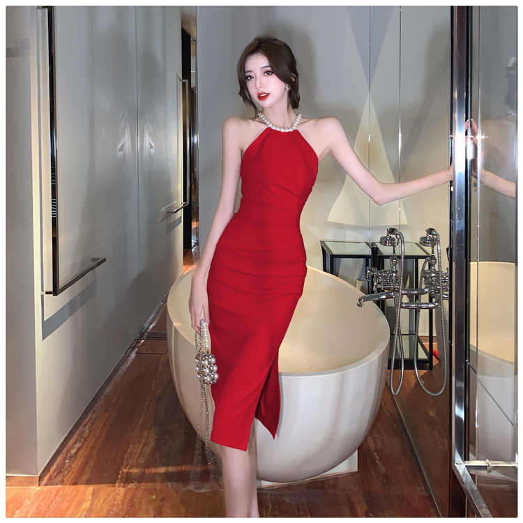Split halter slim summer long package hip pearl dress