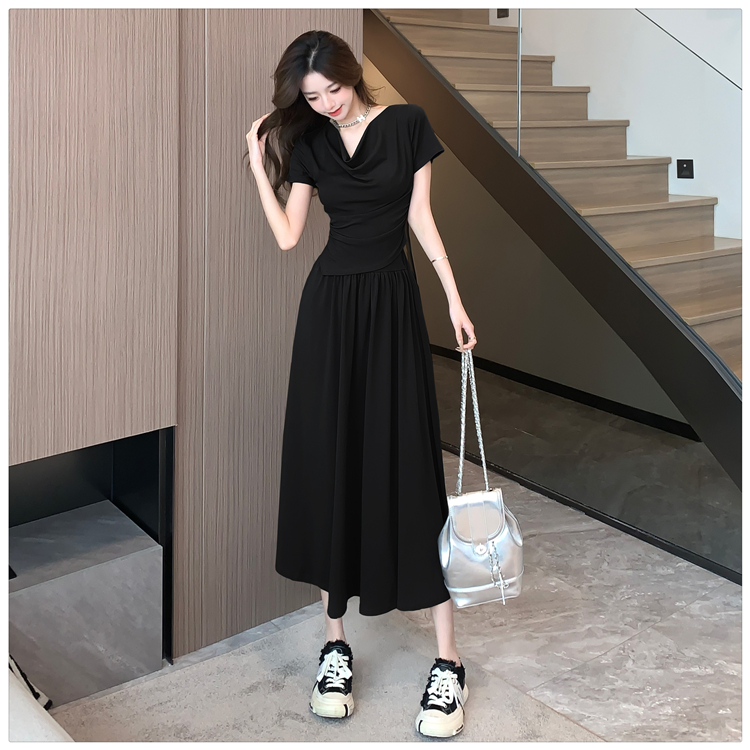 Temperament summer tops high waist pure T-shirt 2pcs set