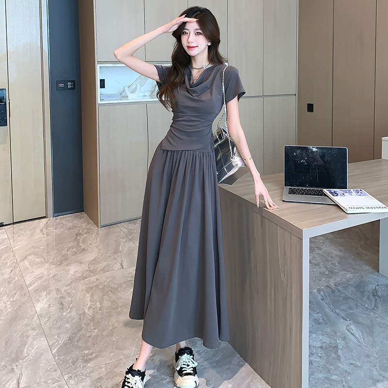 Temperament summer tops high waist pure T-shirt 2pcs set