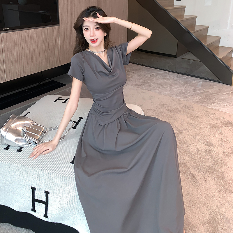 Temperament summer tops high waist pure T-shirt 2pcs set