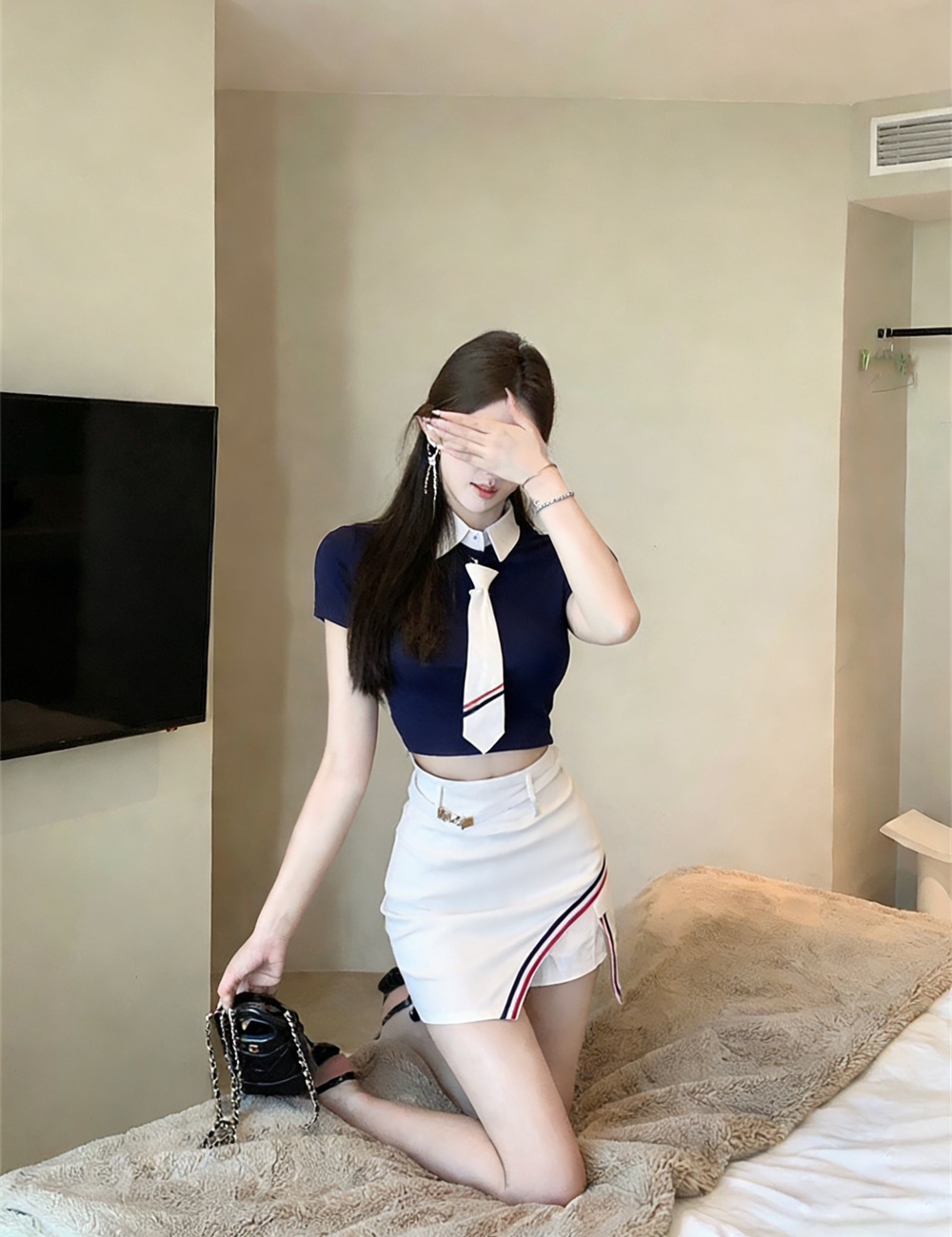 Short with belt tops lapel culottes a set