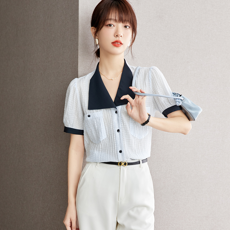 Chiffon lapel tops art short sleeve shirt
