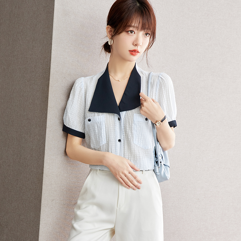 Chiffon lapel tops art short sleeve shirt