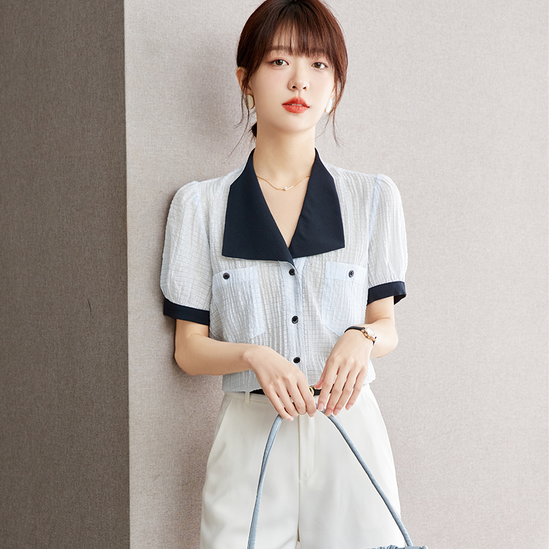 Chiffon lapel tops art short sleeve shirt
