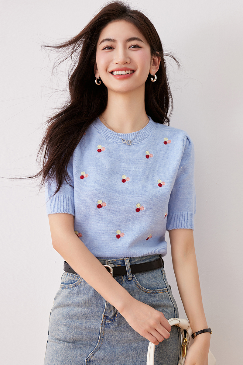 All-match embroidered flowers sequins fashion sweater