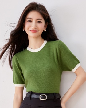 Mixed colors retro all-match short sleeve sweater