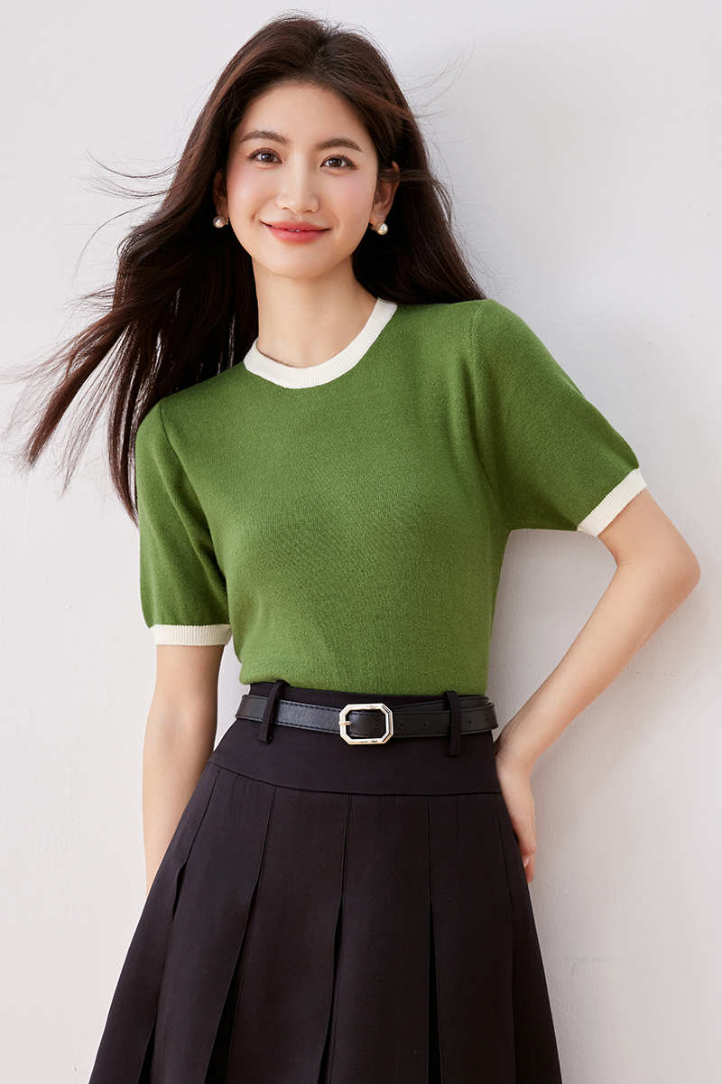 Mixed colors retro all-match short sleeve sweater