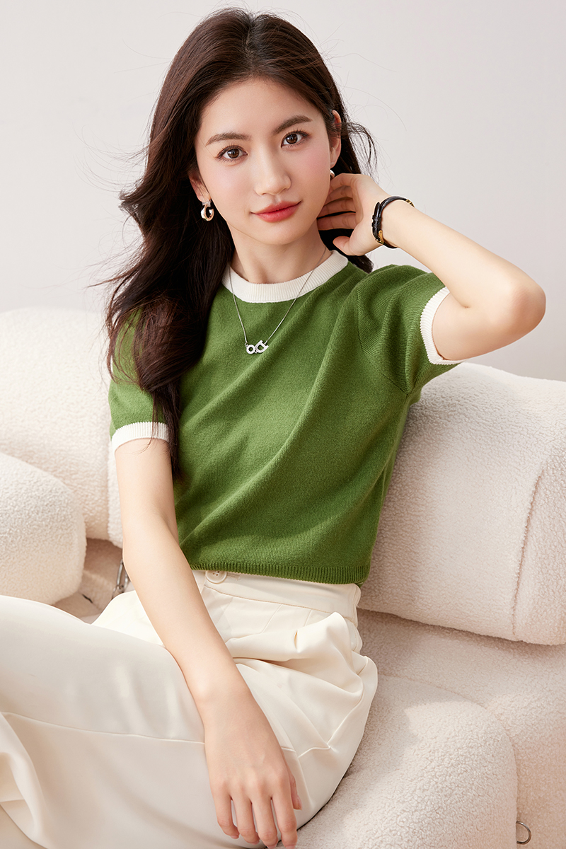 Mixed colors retro all-match short sleeve sweater