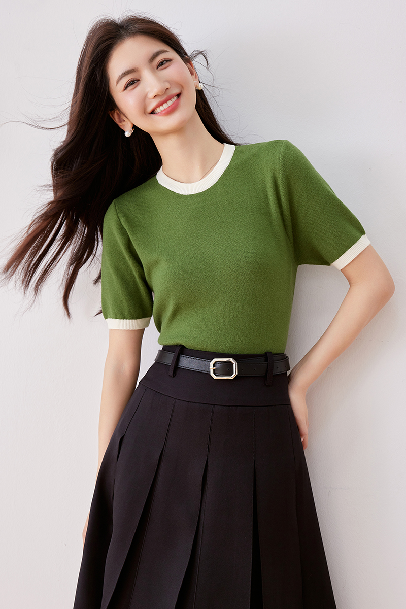 Mixed colors retro all-match short sleeve sweater