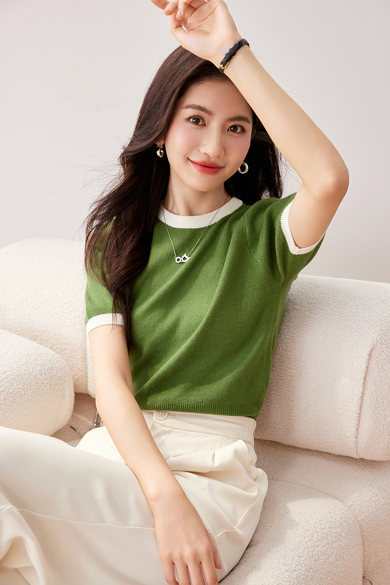 Mixed colors retro all-match short sleeve sweater