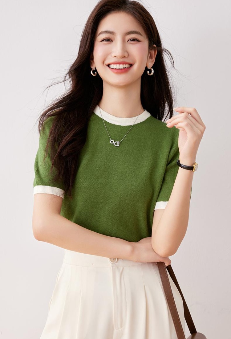 Mixed colors retro all-match short sleeve sweater