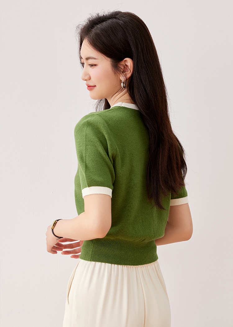 Mixed colors retro all-match short sleeve sweater