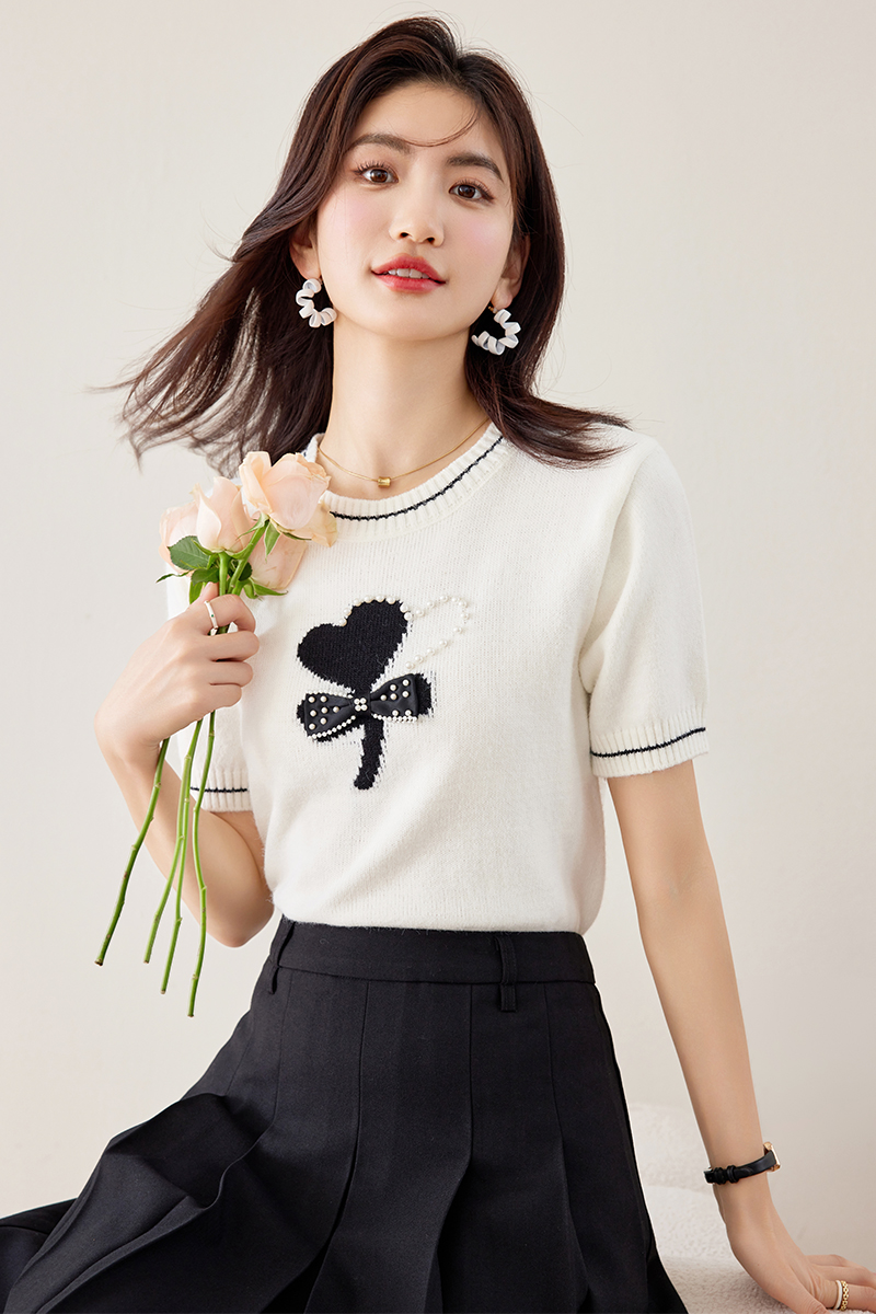 Short sleeve bow sweater chanelstyle tops for women