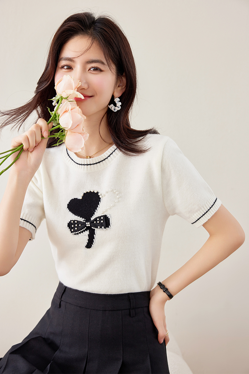 Short sleeve bow sweater chanelstyle tops for women