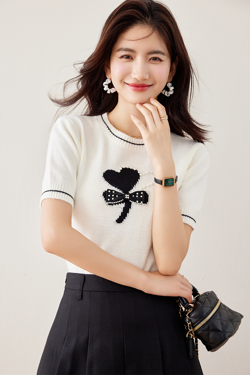 Short sleeve bow sweater chanelstyle tops for women