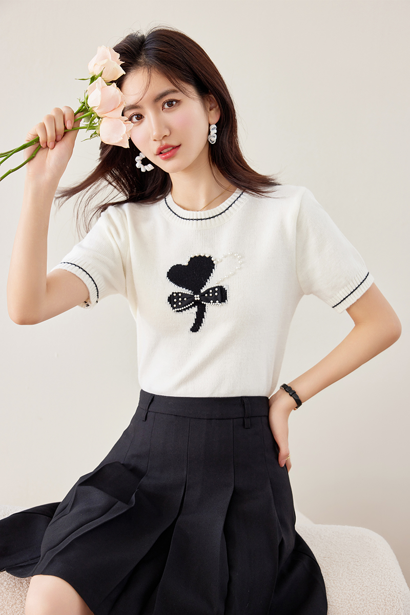 Short sleeve bow sweater chanelstyle tops for women