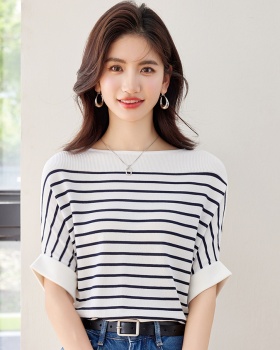 Stripe mixed colors short sleeve bat sleeve tops