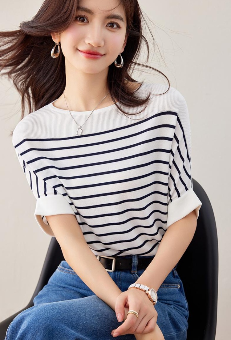 Stripe mixed colors short sleeve bat sleeve tops