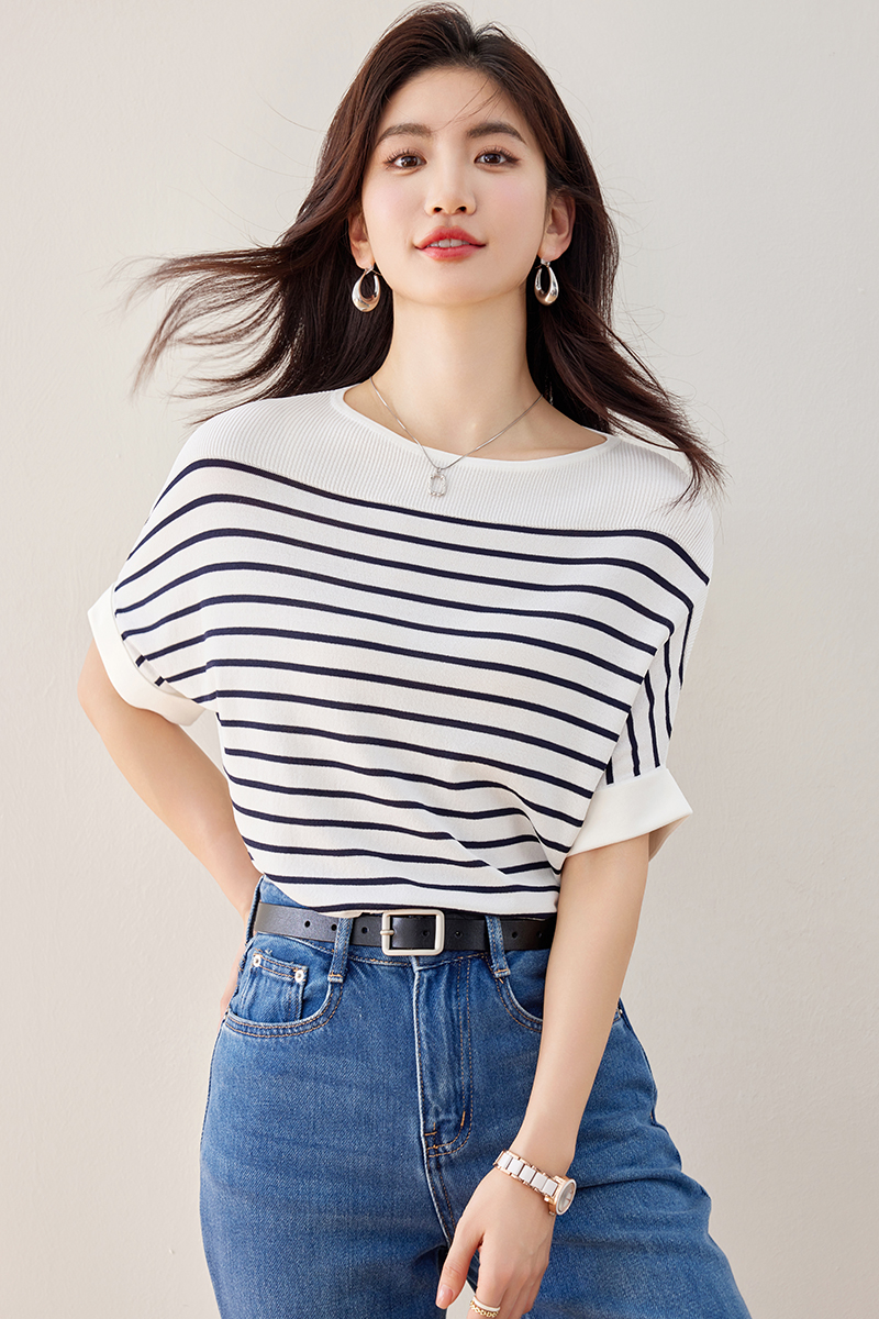 Stripe mixed colors short sleeve bat sleeve tops