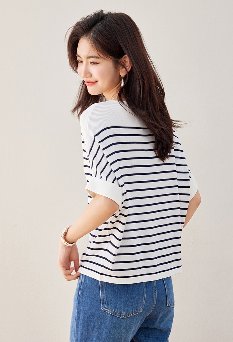 Stripe mixed colors short sleeve bat sleeve tops