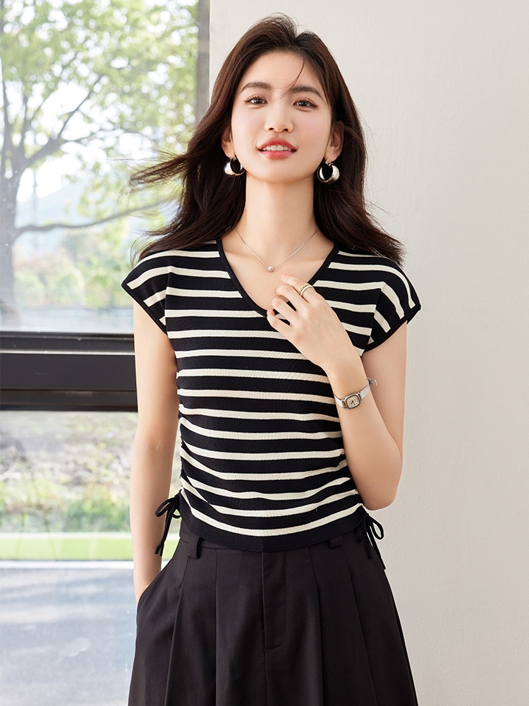 Simple fashion slim V-neck both sides of drawstring tops