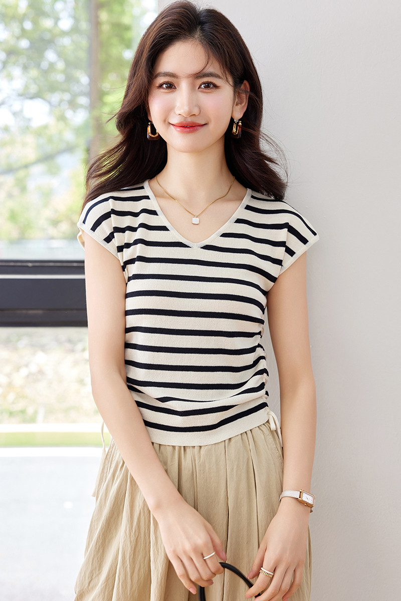 Simple fashion slim V-neck both sides of drawstring tops