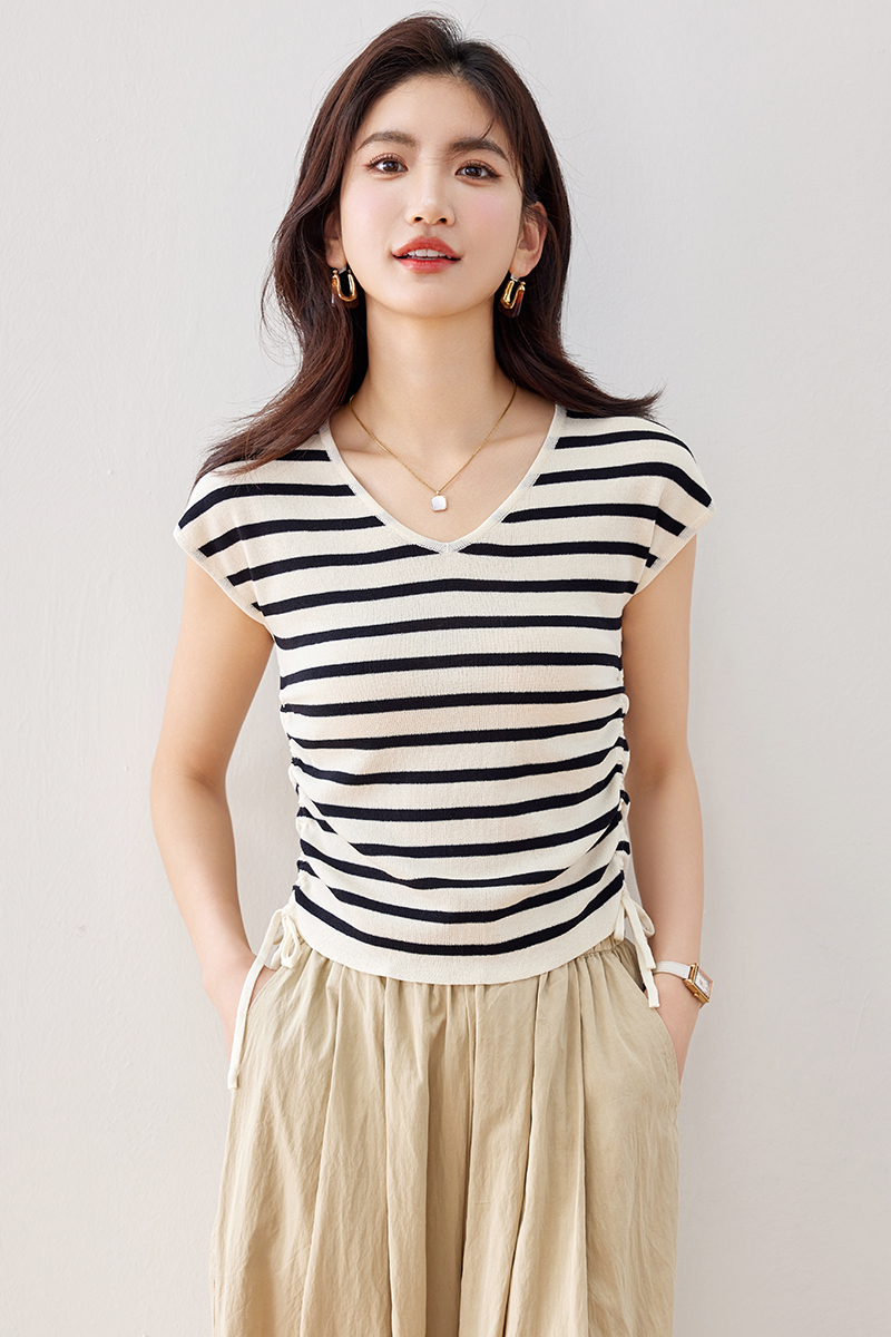Simple fashion slim V-neck both sides of drawstring tops