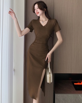 Slim temperament split V-neck summer fold enticement dress