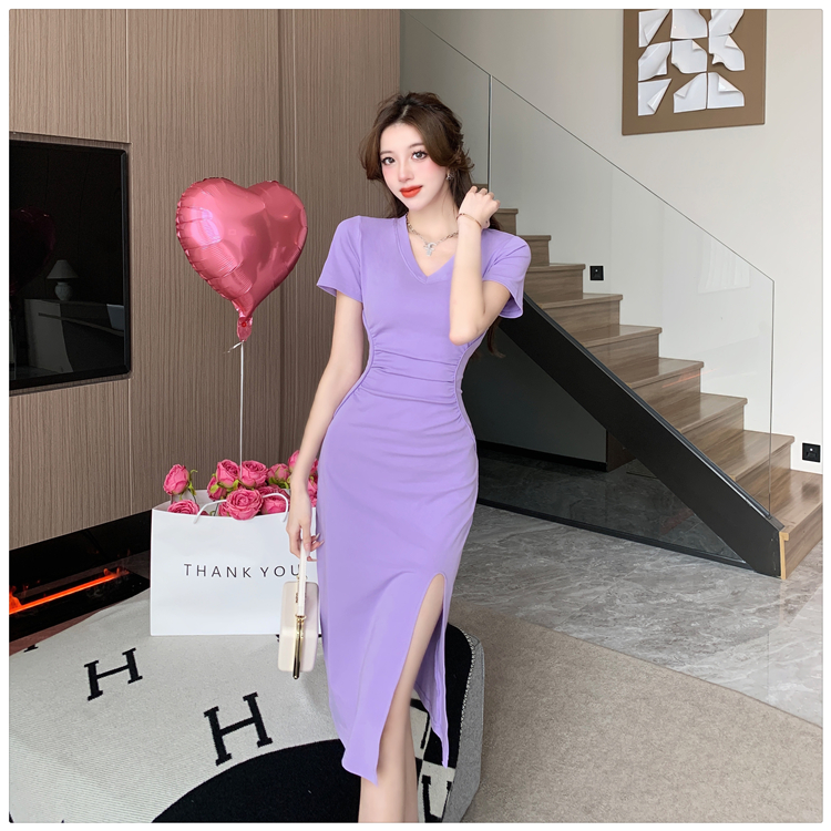 Slim temperament split V-neck summer fold enticement dress