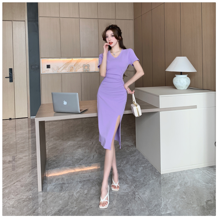 Slim temperament split V-neck summer fold enticement dress