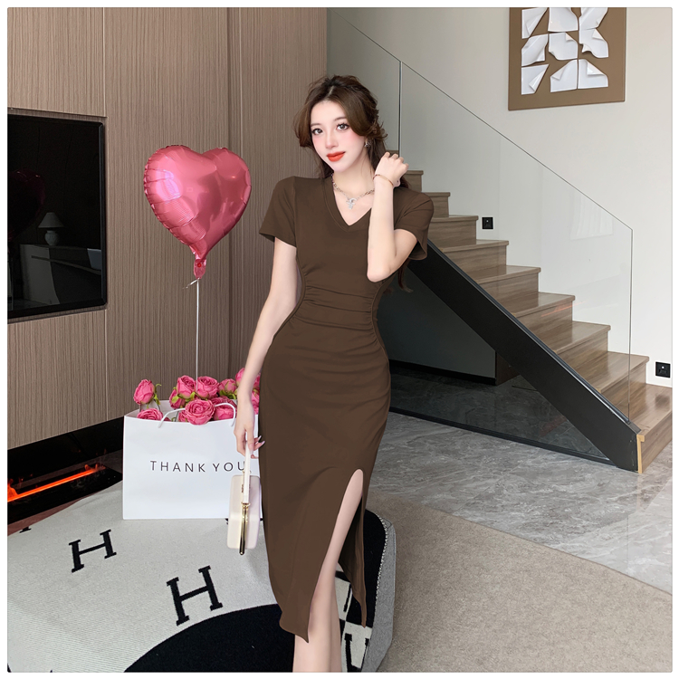 Slim temperament split V-neck summer fold enticement dress