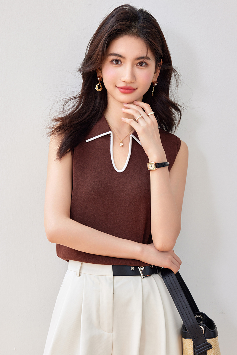 Mixed colors lapel sweater summer tops for women
