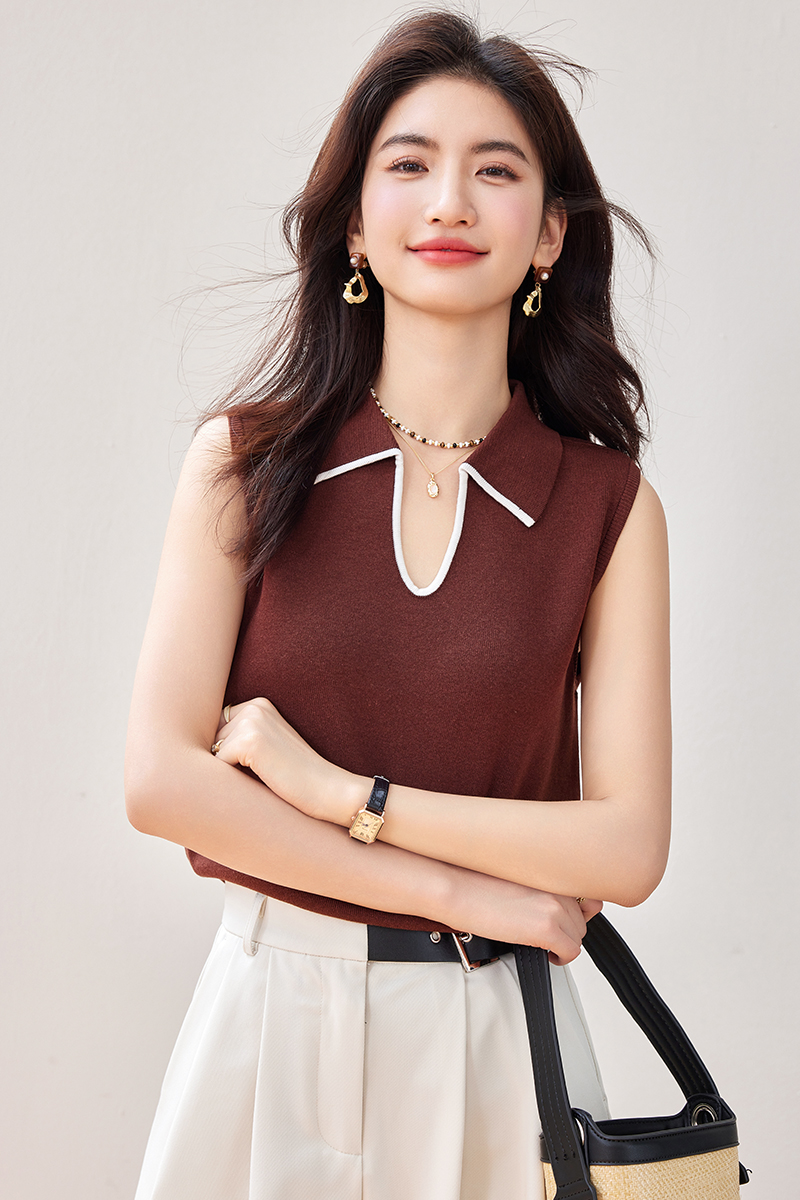 Mixed colors lapel sweater summer tops for women