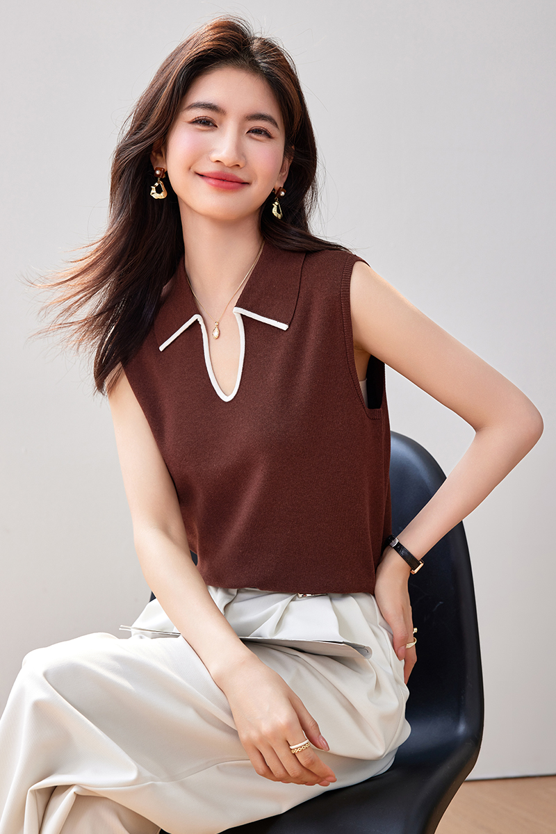 Mixed colors lapel sweater summer tops for women