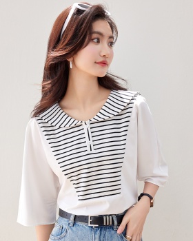 Loose navy collar T-shirt Pseudo-two summer shirt for women