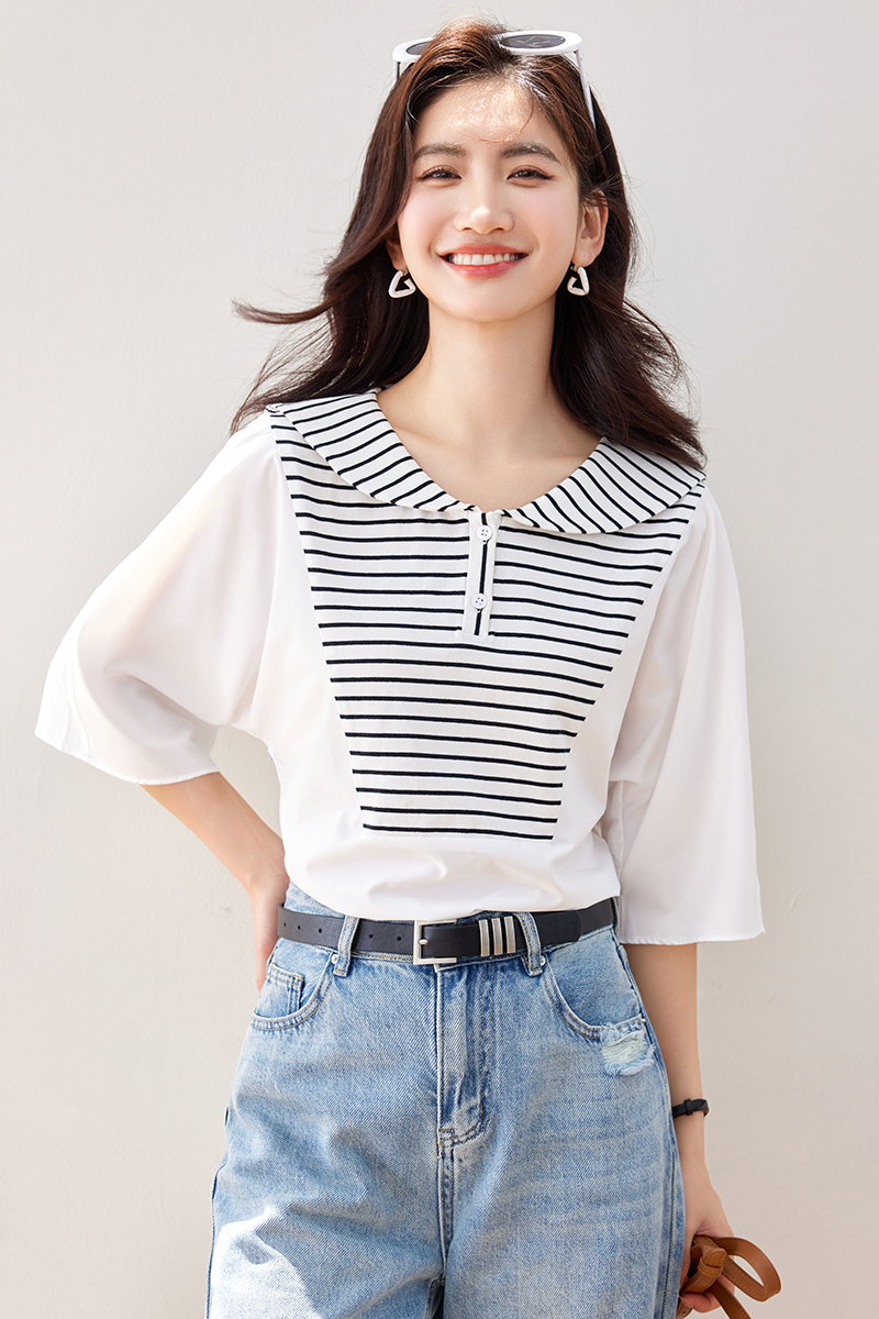 Loose navy collar T-shirt Pseudo-two summer shirt for women
