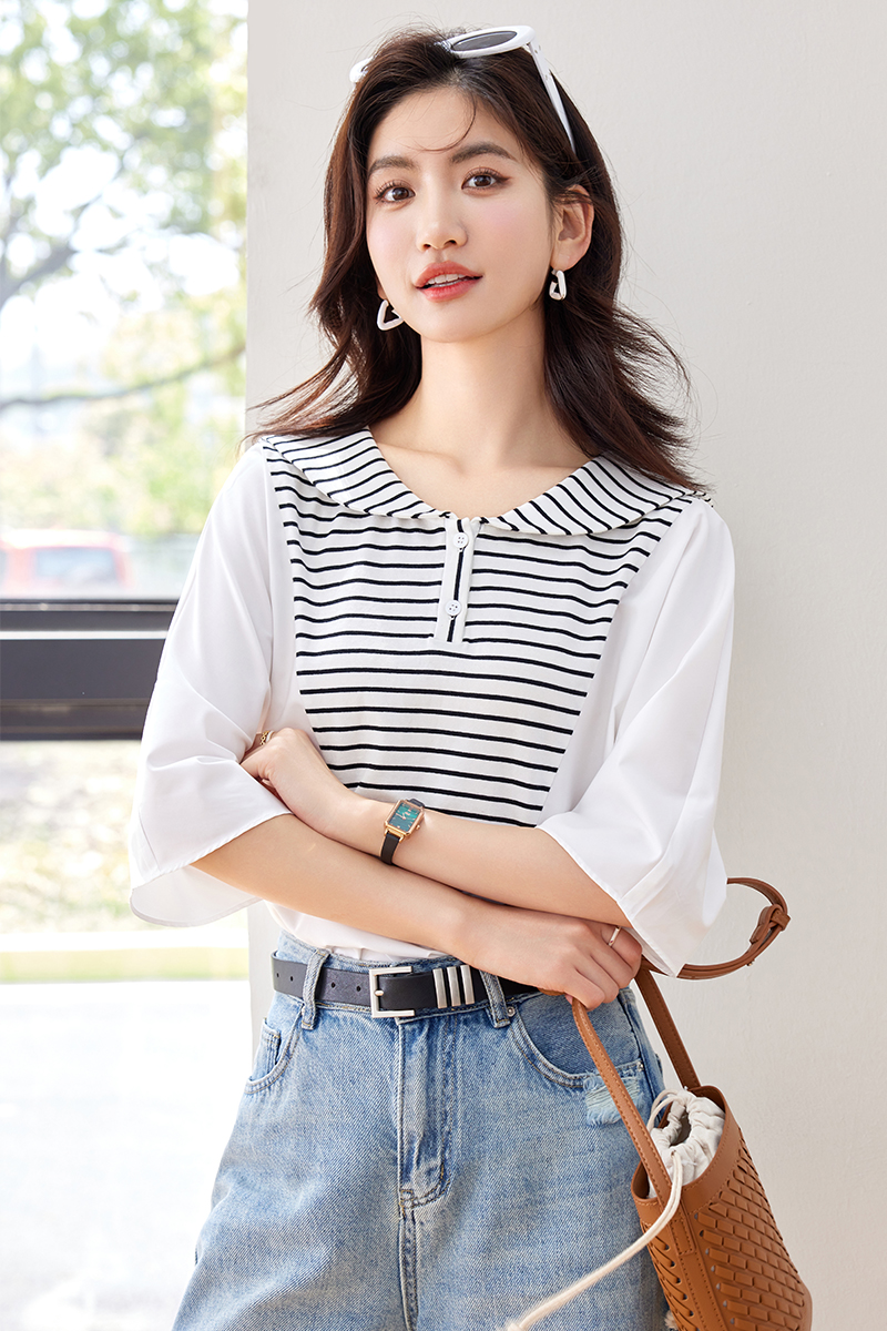 Loose navy collar T-shirt Pseudo-two summer shirt for women