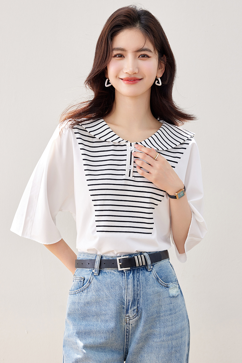 Loose navy collar T-shirt Pseudo-two summer shirt for women