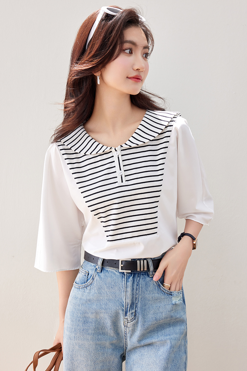 Loose navy collar T-shirt Pseudo-two summer shirt for women
